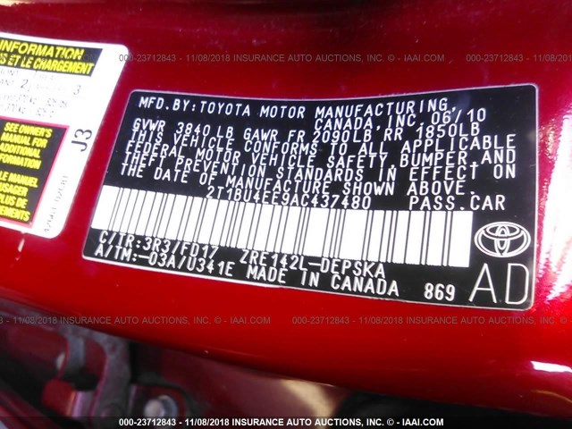 2T1BU4EE9AC437480 - 2010 TOYOTA COROLLA S/LE/XLE RED photo 9