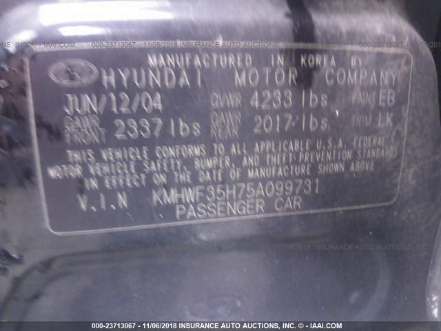 KMHWF35H75A099731 - 2005 HYUNDAI SONATA GLS/LX BLACK photo 9