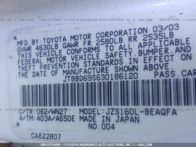 JT8BD69S630186120 - 2003 LEXUS GS 300 WHITE photo 9