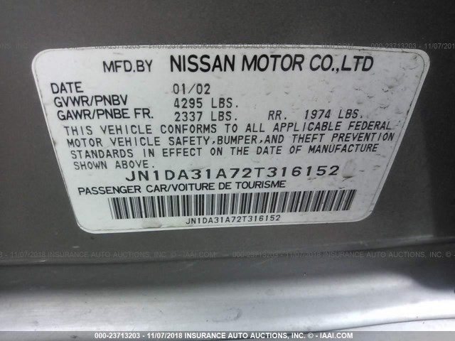 JN1DA31A72T316152 - 2002 NISSAN MAXIMA GLE/SE GRAY photo 9