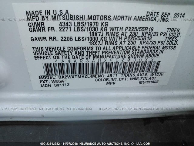 4A4AR3AUXFE009533 - 2015 MITSUBISHI OUTLANDER SPORT ES WHITE photo 9