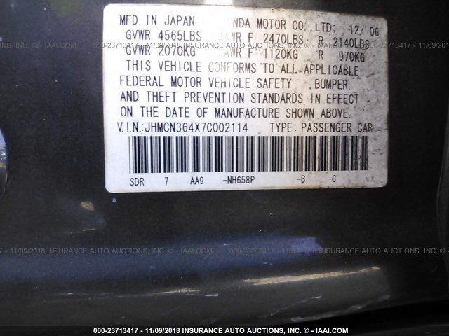 JHMCN364X7C002114 - 2007 HONDA ACCORD HYBRID Pewter photo 9