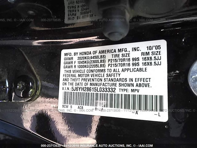 5J6YH28615L033332 - 2005 HONDA ELEMENT EX BLACK photo 9