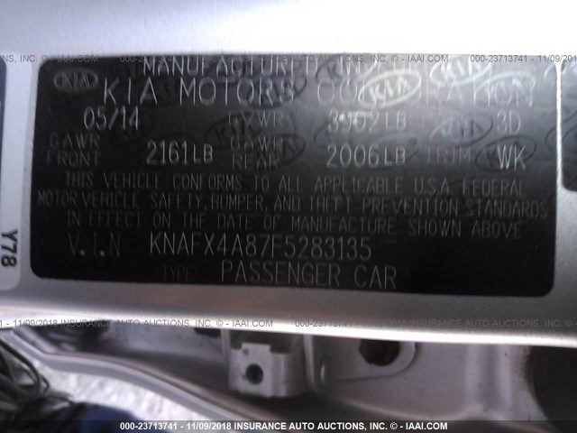 KNAFX4A87F5283135 - 2015 KIA FORTE EX SILVER photo 9