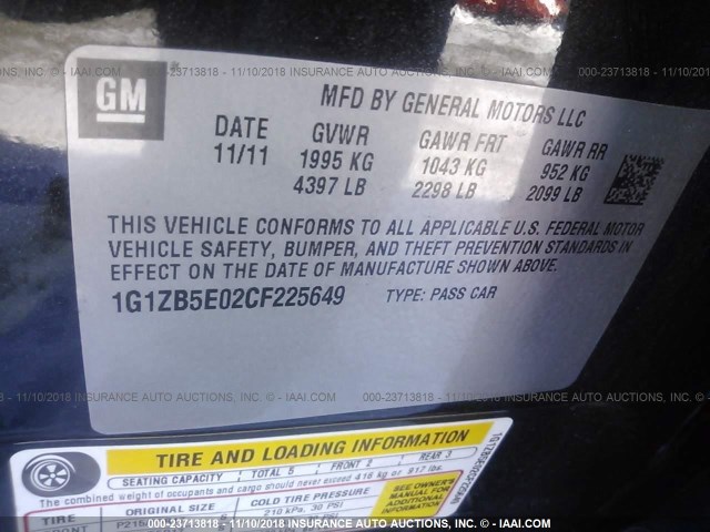 1G1ZB5E02CF225649 - 2012 CHEVROLET MALIBU LS 黑色 照片 9