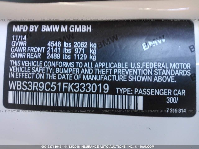 WBS3R9C51FK333019 - 2015 BMW M4 WHITE photo 9