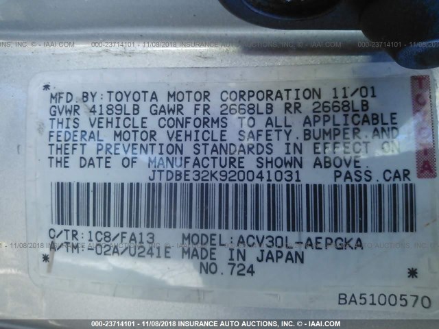 JTDBE32K920041031 - 2002 TOYOTA CAMRY LE/XLE/SE SILVER photo 9
