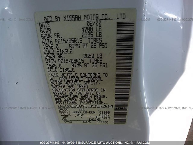 1N6DD26S0YC399204 - 2000 NISSAN FRONTIER KING CAB XE WHITE photo 9