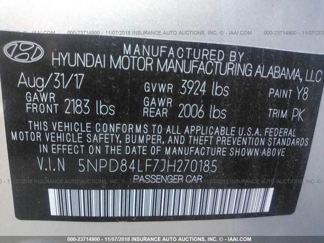 5NPD84LF7JH270185 - 2018 HYUNDAI ELANTRA SEL/VALUE/LIMITED SILVER photo 9