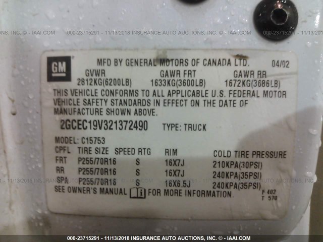 2GCEC19V321372490 - 2002 CHEVROLET SILVERADO C1500 WHITE photo 9