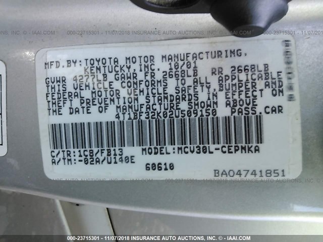 4T1BF32K02U509150 - 2002 TOYOTA CAMRY LE/XLE/SE SILVER photo 9