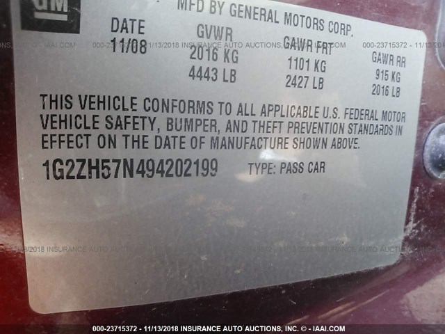 1G2ZH57N494202199 - 2009 PONTIAC G6 GT MAROON photo 9