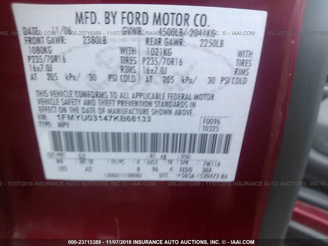 1FMYU03147KB68133 - 2007 FORD ESCAPE XLT RED photo 9