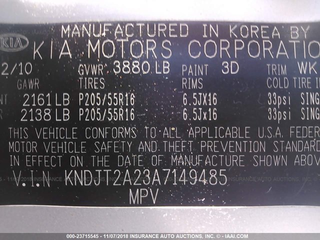 KNDJT2A23A7149485 - 2010 KIA SOUL +/!/SPORT SILVER photo 9