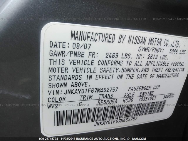 JNKAY01F67M462757 - 2007 INFINITI M35 SPORT SILVER photo 9