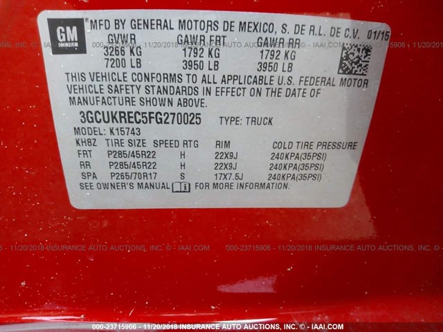 3GCUKREC5FG270025 - 2015 CHEVROLET SILVERADO K1500 LT RED photo 9