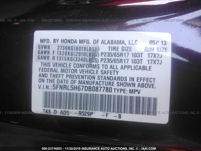 5FNRL5H67DB087780 - 2013 HONDA ODYSSEY EXL BURGUNDY photo 9