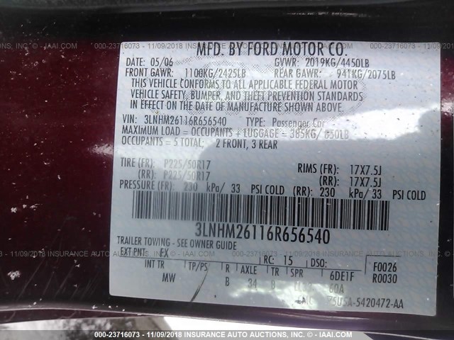 3LNHM26116R656540 - 2006 LINCOLN ZEPHYR RED photo 9