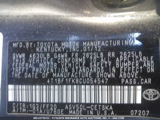 4T1BF1FK8CU054547 - 2012 TOYOTA CAMRY SE/LE/XLE GRAY photo 9