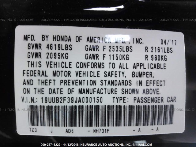 19UUB2F39JA000150 - 2018 ACURA TLX BLACK photo 9