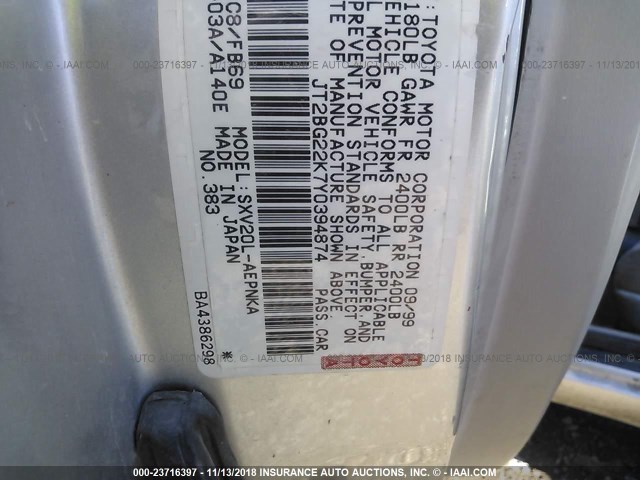 JT2BG22K7Y0394874 - 2000 TOYOTA CAMRY CE/LE/XLE SILVER photo 9