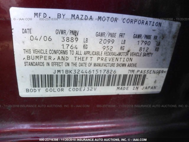 JM1BK324461517826 - 2006 MAZDA 3 S RED photo 9