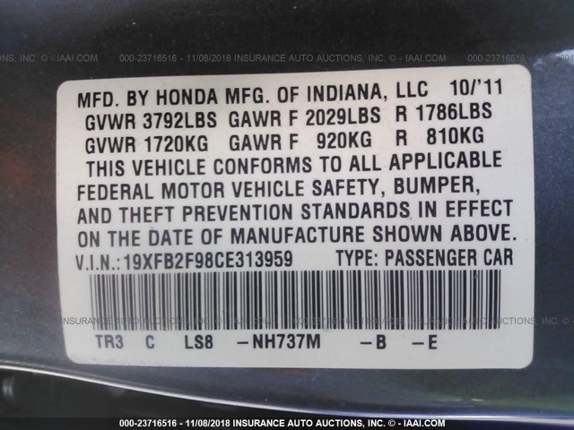 19XFB2F98CE313959 - 2012 HONDA CIVIC EXL GRAY photo 9