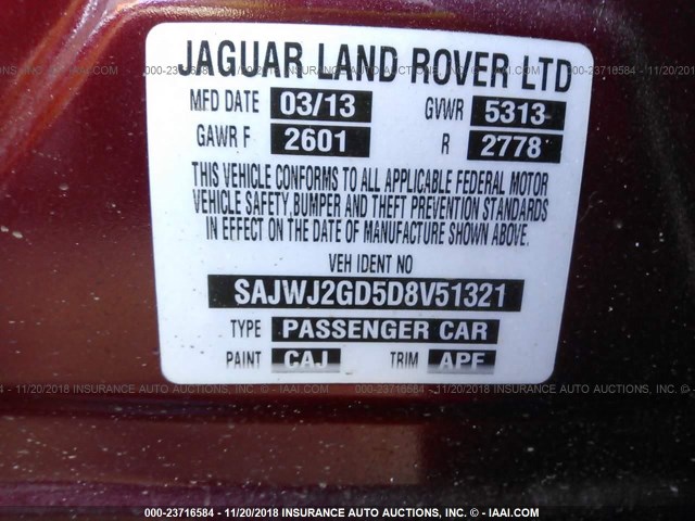 SAJWJ2GD5D8V51321 - 2013 JAGUAR XJL PORTFOLIO RED photo 9