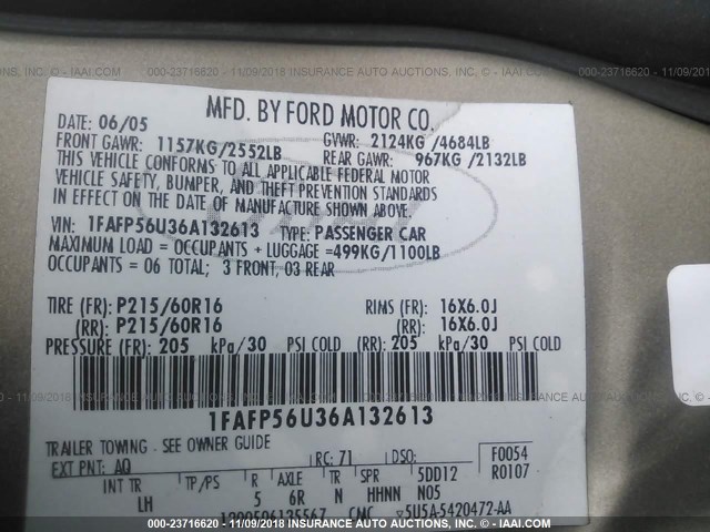 1FAFP56U36A132613 - 2006 FORD TAURUS SEL TAN photo 9