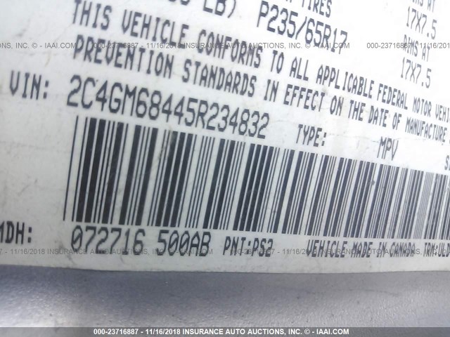 2C4GM68445R234832 - 2005 CHRYSLER PACIFICA TOURING SILVER photo 9