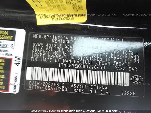 4T1BF3EK0BU228459 - 2011 TOYOTA CAMRY SE/LE/XLE 黑色 照片 9