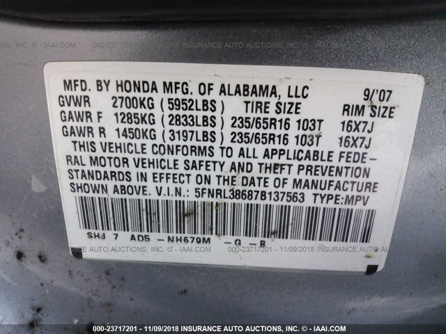 5FNRL38687B137563 - 2007 HONDA ODYSSEY EXL SILVER photo 9