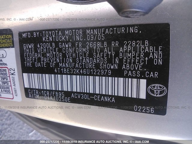 4T1BE32K46U122979 - 2006 TOYOTA CAMRY LE/XLE/SE SILVER photo 9