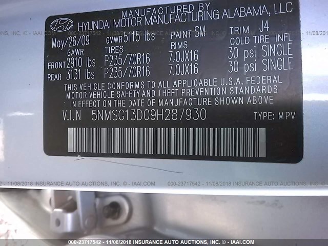 5NMSG13D09H287930 - 2009 HYUNDAI SANTA FE GLS SILVER photo 9