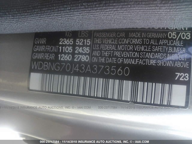 WDBNG70J43A373560 - 2003 MERCEDES-BENZ S 430 GRAY photo 9