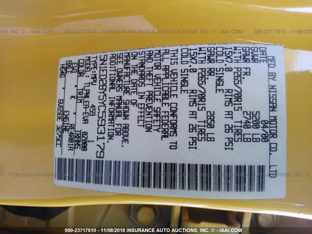 5N1ED28Y5YC593179 - 2000 NISSAN XTERRA YELLOW photo 9