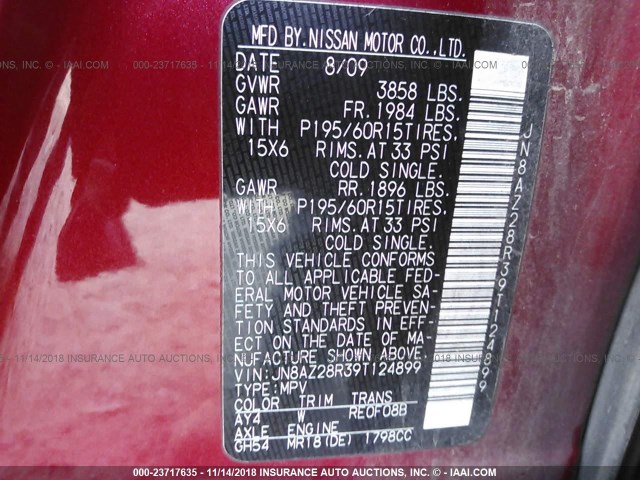 JN8AZ28R39T124899 - 2009 NISSAN CUBE S/SL RED photo 9