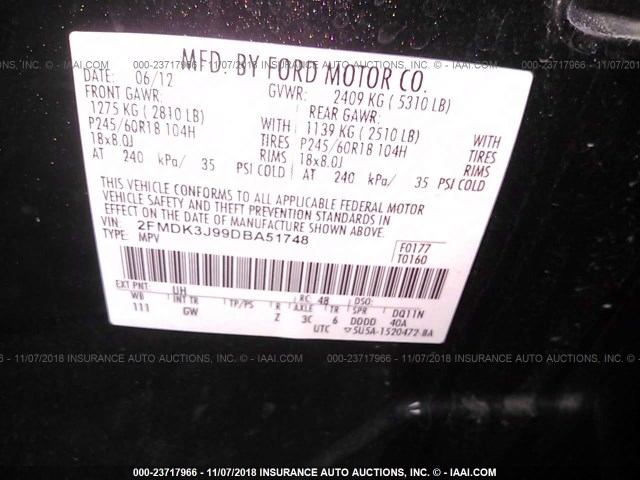 2FMDK3J99DBA51748 - 2013 FORD EDGE SEL BLACK photo 9