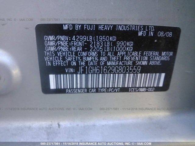 JF1GH61629G803559 - 2009 SUBARU IMPREZA 2.5I SILVER photo 9