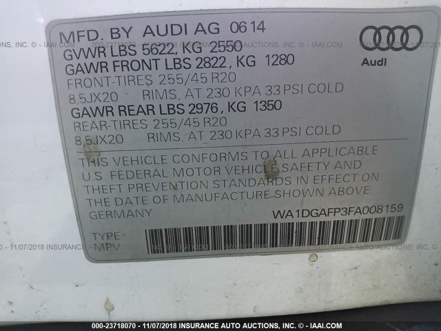 WA1DGAFP3FA008159 - 2015 AUDI Q5 PREMIUM PLUS WHITE photo 9