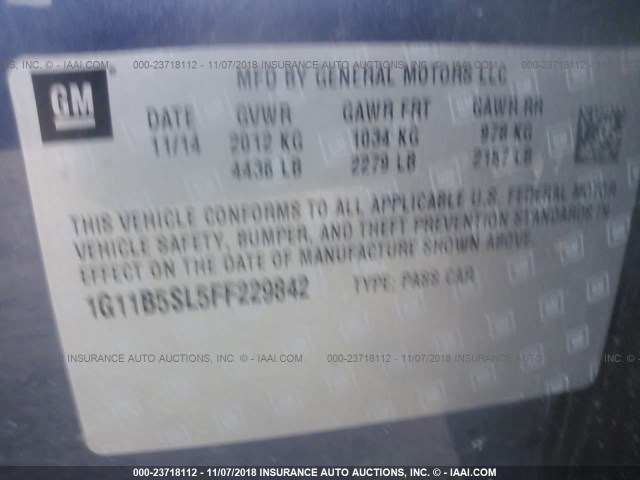 1G11B5SL5FF229842 - 2015 CHEVROLET MALIBU LS 蓝色 照片 9