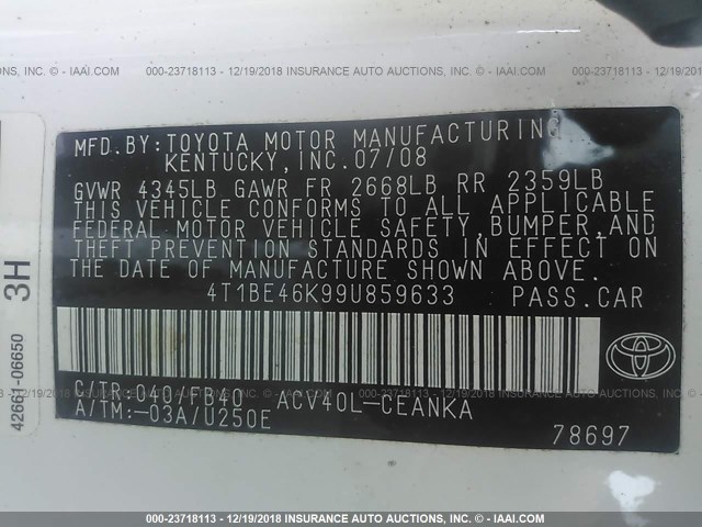 4T1BE46K99U859633 - 2009 TOYOTA CAMRY SE/LE/XLE 白色 照片 9