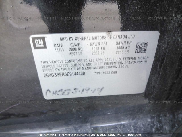 2G4GS5ER6C9144400 - 2012 BUICK REGAL PREMIUM BLACK photo 9