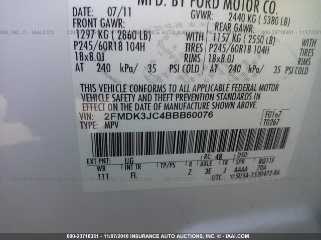 2FMDK3JC4BBB60076 - 2011 FORD EDGE SEL WHITE photo 9