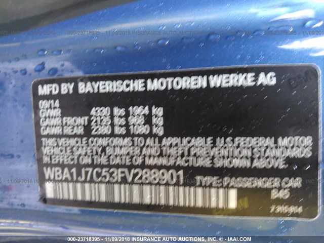 WBA1J7C53FV288901 - 2015 BMW M235I BLUE photo 9