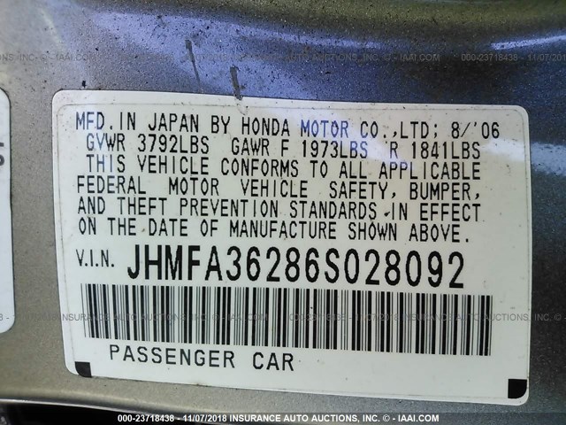 JHMFA36286S028092 - 2006 HONDA CIVIC HYBRID GRAY photo 9