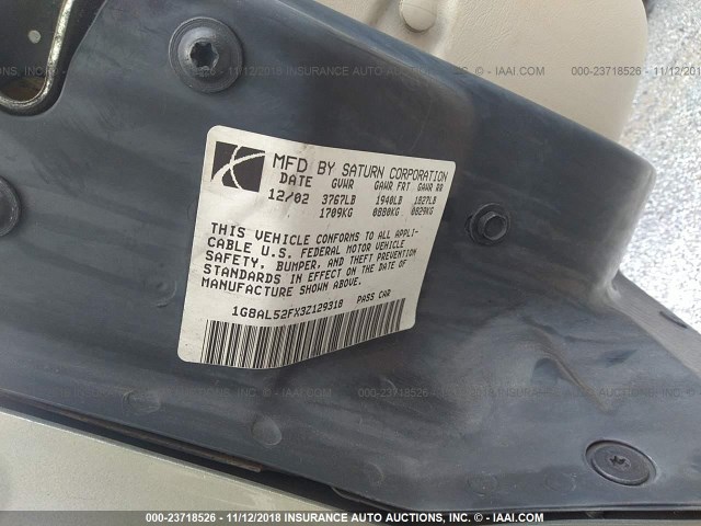 1G8AL52FX3Z129318 - 2003 SATURN ION LEVEL 3 GOLD photo 9