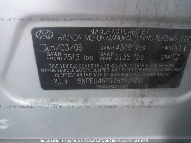 5NPEU46F97H187880 - 2007 HYUNDAI SONATA SE/LIMITED GRAY photo 9