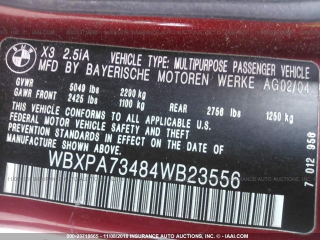 WBXPA73484WB23556 - 2004 BMW X3 2.5I RED photo 9