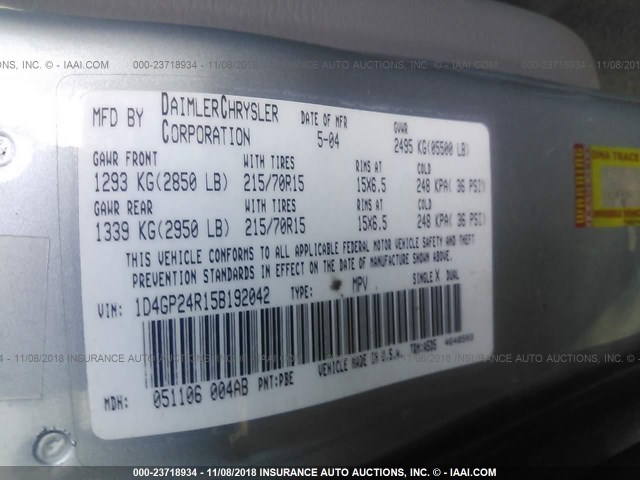 1D4GP24R15B192042 - 2005 DODGE GRAND CARAVAN SE BLUE photo 9